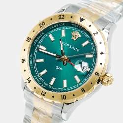 Pre Owned Versace Green Two-Tone Stainless Steel Hellenyium GMT V11050015 Unisex Wristwatch 42 mm