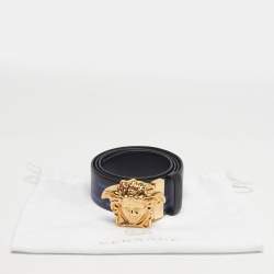 مملوكة مسبقًا Versace Black/Blue La Greca Print Leather Medusa Head Belt 95CM