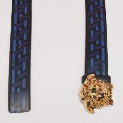 مملوكة مسبقًا Versace Black/Blue La Greca Print Leather Medusa Head Belt 95CM