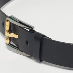 Pre Owned Versace Black Leather Studded Logo Greca Buckle Belt 95CM