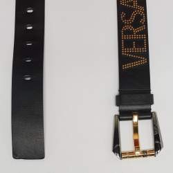 Pre Owned Versace Black Leather Studded Logo Greca Buckle Belt 95CM