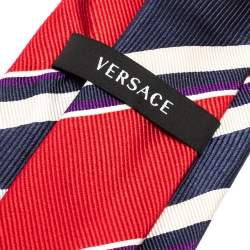 Pre Owned Versace Red & Blue Diagonal Striped Silk Jacquard Tie