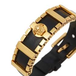 Versace Black Leather Medusa Plaque Wrap Bracelet