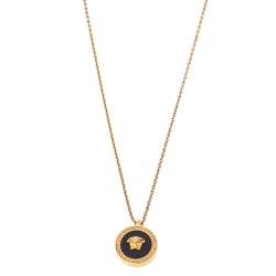 Versace Gold Tone Black Resin Medusa Head Pendant Necklace