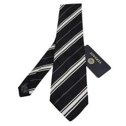 Pre Owned Versace Monochrome Striped Silk Tie