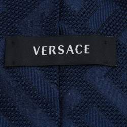 Pre Owned Versace Navy Blue Logo Pattern Jacquard Silk Tie