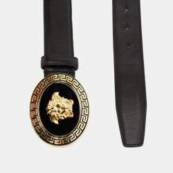 Pre Owned Versace Black Leather Medusa Buckle Belt 105CM