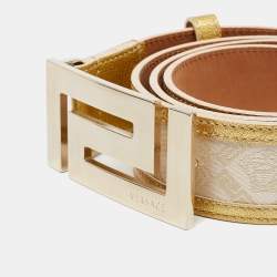 Pre Owned Versace Light Beige/Gold Jacquard And Textured Patent Leather Buckle Belt 95CM