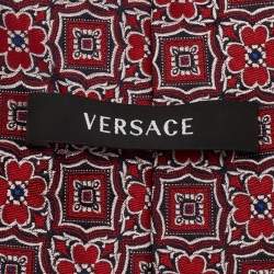Pre Owned Versace Red Floral Motif Jacquard Silk Tie