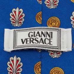 Pre Owned Gianni Versace Vintage Blue & Red Logo Printed Jacquard Tie