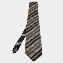 Pre Owned Gianni Versace Vintage Navy Blue & Grey Printed Silk Traditional Tie