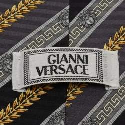 Pre Owned Gianni Versace Vintage Navy Blue & Grey Printed Silk Traditional Tie