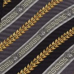 Pre Owned Gianni Versace Vintage Navy Blue & Grey Printed Silk Traditional Tie