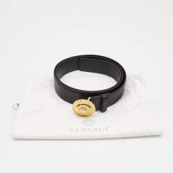 Pre Owned Versace Black Leather Medusa Head Buckle Belt 115CM