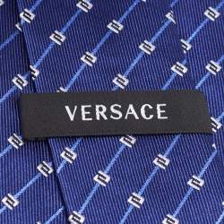 Pre Owned Versace Blue Diagonal Greek Pattern Silk Tie