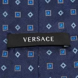 Versace Blue Square Pattern Jacquard Silk Tie