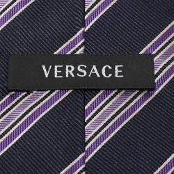 Pre Owned Versace Navy Blue Diagonal Striped Silk Tie