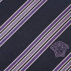 Pre Owned Versace Navy Blue Diagonal Striped Silk Tie