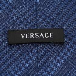 Versace Blue Diagonal Check Patterned Silk Tie 