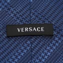 Versace Blue Diagonal Check Patterned Silk Tie 