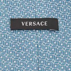 Versace Blue Geometric Pattern Jacquard Silk Tie