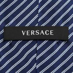 Versace Dark Blue Contrast Diagonal Striped Silk Tie