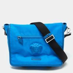 Pre Owned Versace Blue Nylon La Medusa Flap Messenger Bag
