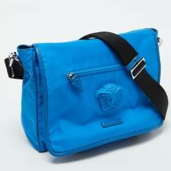 Pre Owned Versace Blue Nylon La Medusa Flap Messenger Bag