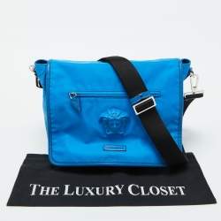 Pre Owned Versace Blue Nylon La Medusa Flap Messenger Bag