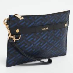 Versace Blue/Black La Greca Printed Coated Canvas and Leather Wristlet Pouch