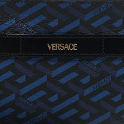 Versace Blue/Black La Greca Printed Coated Canvas and Leather Wristlet Pouch