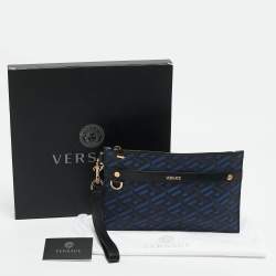Versace Blue/Black La Greca Printed Coated Canvas and Leather Wristlet Pouch