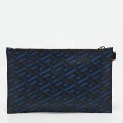 Versace Blue/Black La Greca Printed Coated Canvas and Leather Wristlet Pouch