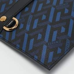 Versace Blue/Black La Greca Printed Coated Canvas and Leather Wristlet Pouch