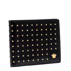 Versace Black Studded Patent Leather Medusa Bifold Wallet