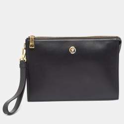 Versace Black Leather Logo Wristlet Zip Pouch