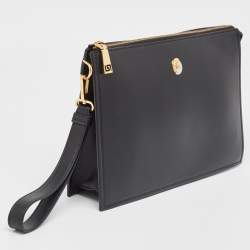 Versace Black Leather Logo Wristlet Zip Pouch