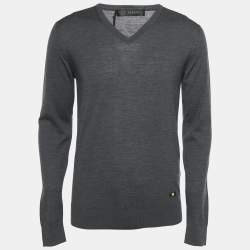 Versace Grey Medusa Applique Wool Knit V-Neck Sweater M