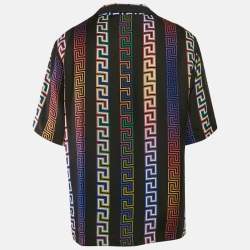 مملوكة مسبقًا Versace Black Greek Key Print Silk Half Sleeve Shirt L
