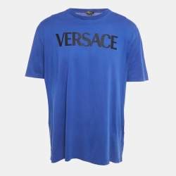 Pre Owned Versace Blue Logo Embroidered Cotton Crew Neck T-Shirt 4XL  