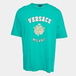 Pre Owned Versace Green Logo Print Cotton Royal Rebellion Crewneck T-Shirt M