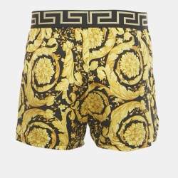 Pre Owned Versace Black/Yellow Barocco Print Silk Greca Waistband Shorts M