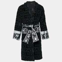 Pre Owned Versace Black Terry and Velvet All Over Logo Barocco Trim Bathrobe L