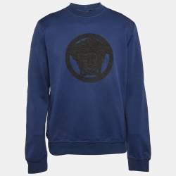 Pre Owned Versace Blue Medusa Leather Trim Knit Crewneck Sweatshirt XL