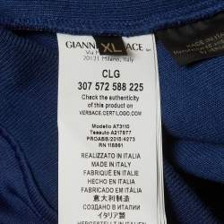 Pre Owned Versace Blue Medusa Leather Trim Knit Crewneck Sweatshirt XL