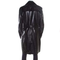 Versace Signature Black Leather Belted Overcoat XXL