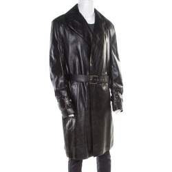 Versace Signature Black Leather Belted Overcoat XXL