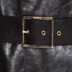 Versace Signature Black Leather Belted Overcoat XXL