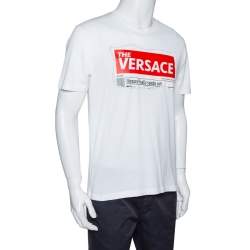 Pre Owned Versace White Cotton Logo Graphic Print Crew Neck Fitted T Shirt L 