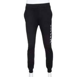 Versace Black Logo Print Cotton Elasticized Waist Jogger Pants M